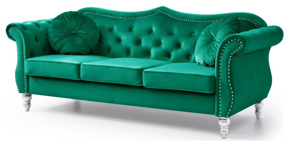 Hollywood 82 in. Green Velvet Chesterfield 3 Seater Sofa with 2 Throw Pillow   Eclectic   Sofas   by BisonOffice  Houzz