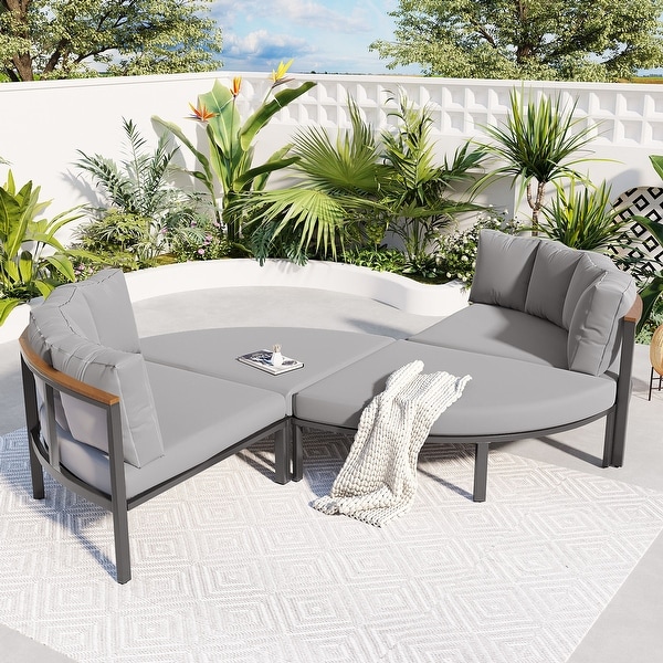 Roomfitters 4 Piece Round Outdoor Conversation Set，AllWeather Metal Sectional Sofa with Cushions，Ideal for Patio and Backyard