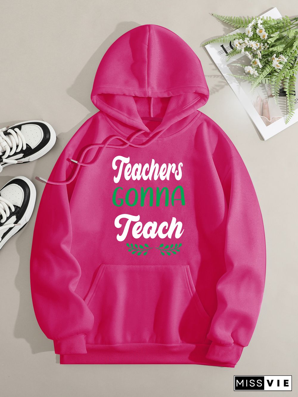 Printed on front Kangaroo Pocket Hoodie Long Sleeve for Women Pattern teacher gonna teacher