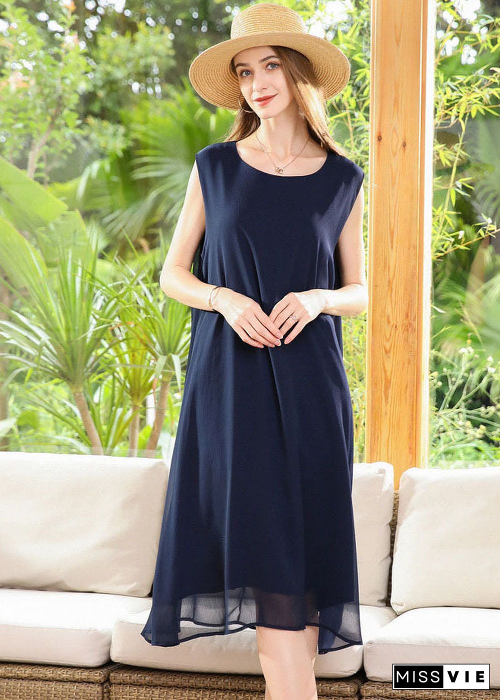 Casual Navy O-Neck Oversized Chiffon Long Dress Sleeveless