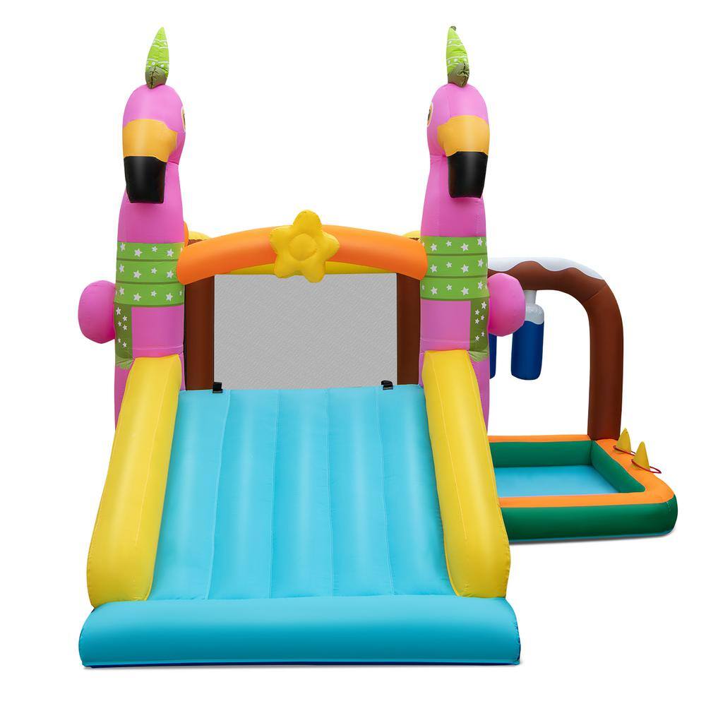 Costway Flamingo-Themed Bounce Castle 7-in-1 Kid Inflatable Jumping House Bounce House Without Blower NP10857