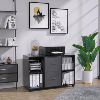 URTR Home Office Black and Dark Gray Wood Lateral File Cabinet with Drawer and Open Shelves Storage Cabinet with Wheels HY02310Y