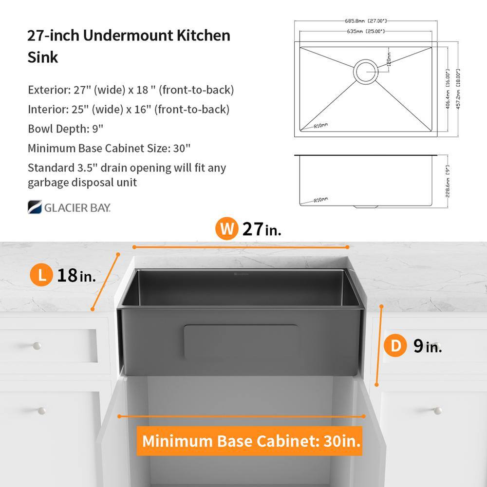 Glacier Bay Gunmetal Black Stainless Steel 27 in. 18-Gauge Single Bowl Undermount Kitchen Sink with Black Spring Neck Faucet ACS2718A1-F