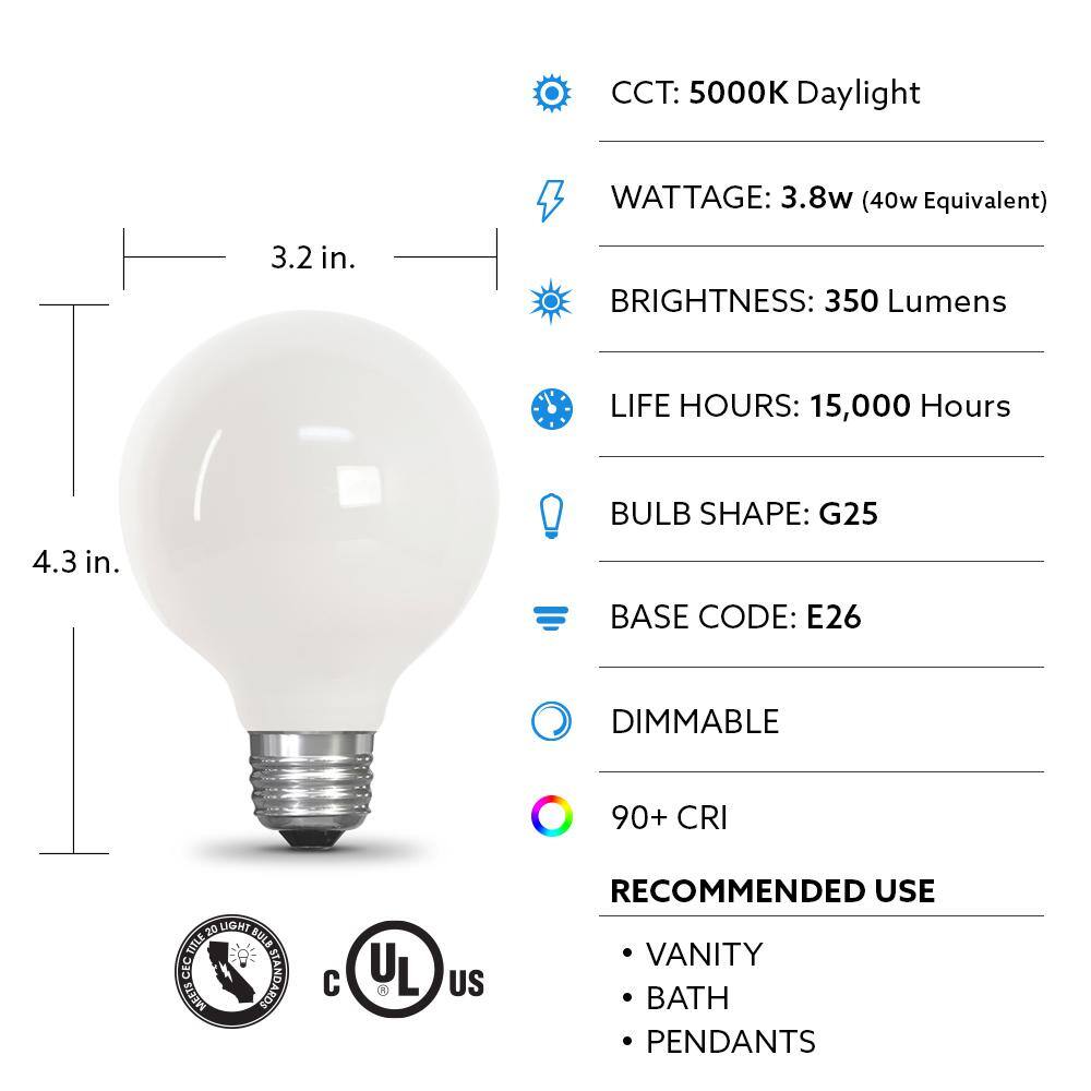 Feit Electric 40-Watt Equivalent G25 E26 Dimmable Filament CEC 90 CRI E-STAR White Glass LED Light Bulb Daylight 5000K (3-Pack) G2540W950CAFIL3RP