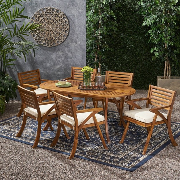 Hermosa 7pc Acacia Wood Oval Dining Set Teak cream Christopher Knight Home