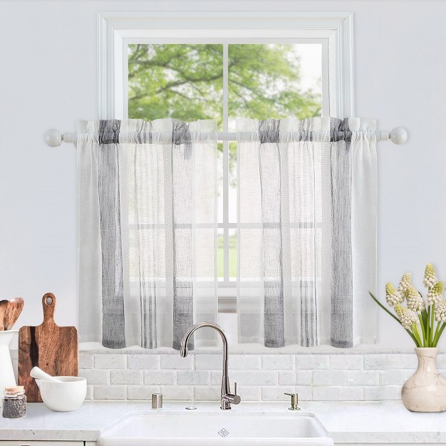 Trinity Vertical Stripe Linen Textured Voile Sheer Short Kitchen Cafe Curtains For Small Windows