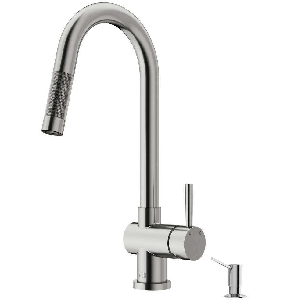 VIGO Gramercy Single Handle Pull-Down Spout Kitchen Faucet Set with Soap Dispenser in Stainless Steel VG02008STK5