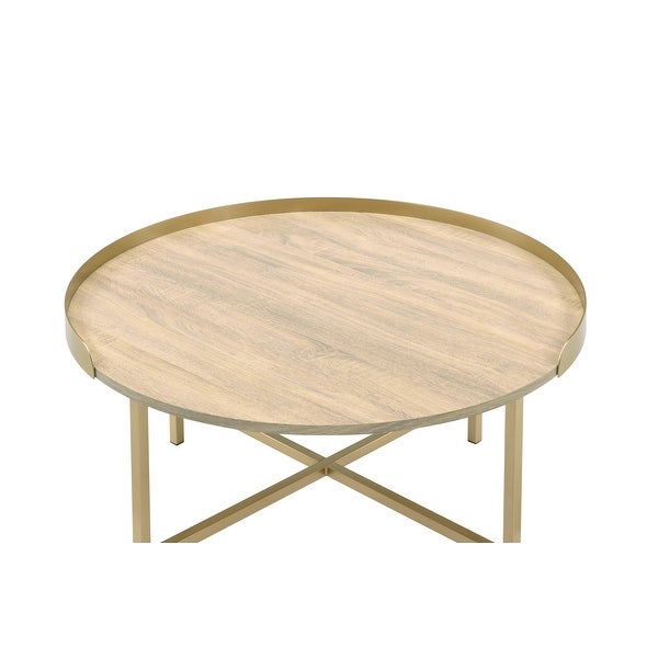 Contemporary Coffee Table with Gold Finish Round Table Top， Wood Sofa Table with Cross Bar Styled Metal Base for Living Room