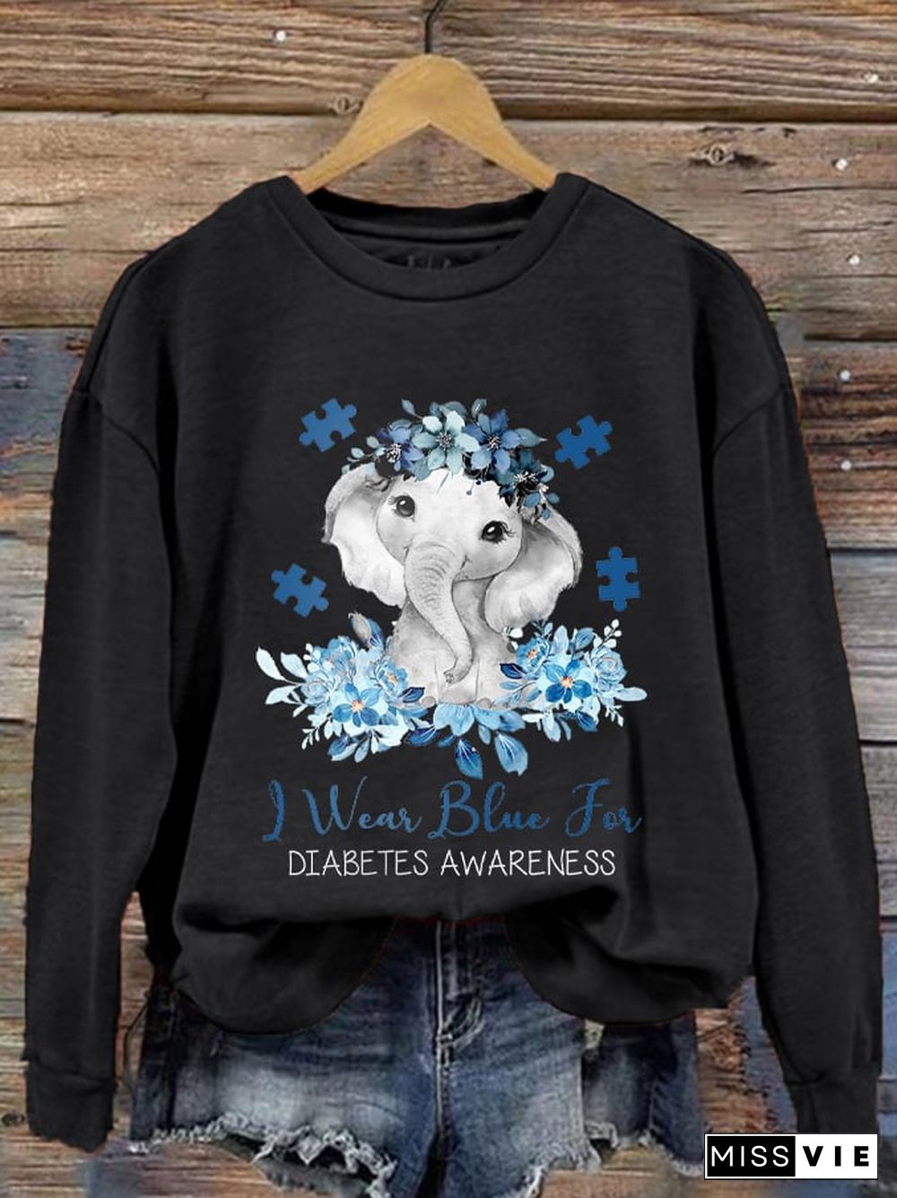 Women's I Wear Blue For Diabetes Awareness Elephant Flower Tree Print Sweatshirt