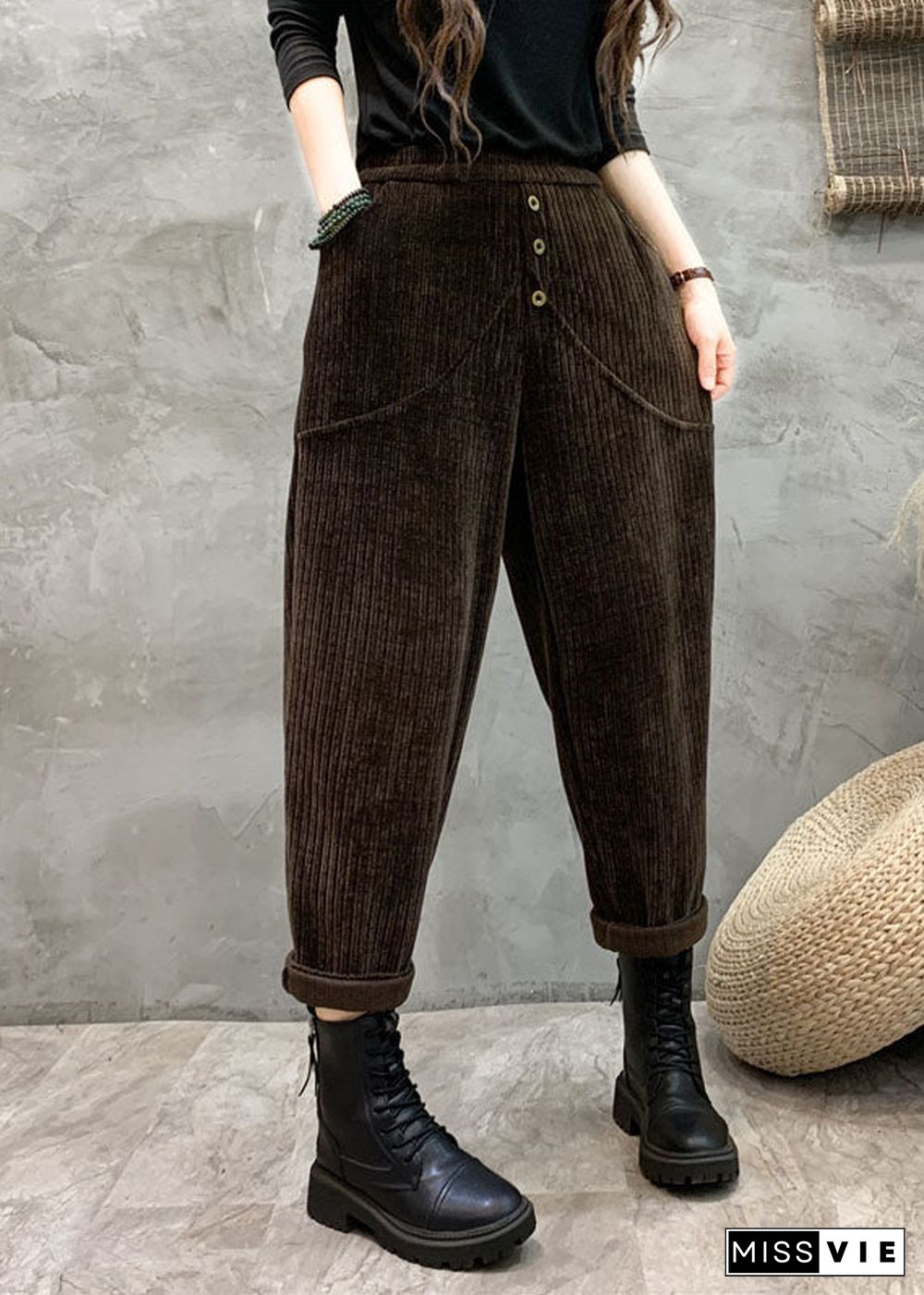 Unique Coffee Pockets Patchwork Elastic Waist Button Harem Pants Fall