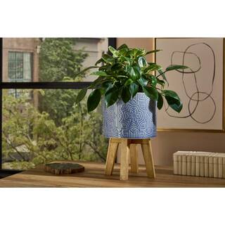 Vigoro 6.6 in. Constance Small Star Textured Blue Ceramic Planter (6.6 in. D x 9 in. H) with Wood Stand CT1385M-GSBL