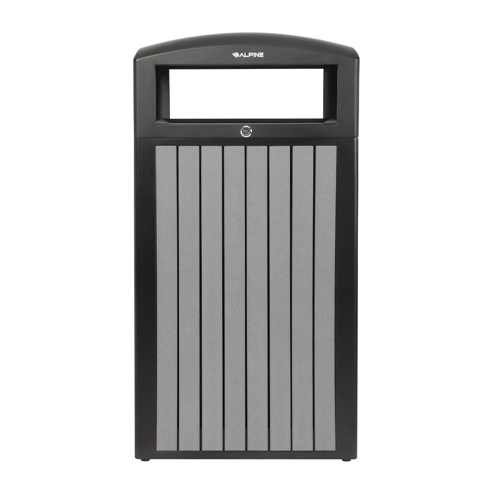 Alpine ALP471-40-WD-GRY 40-Gallon Outdoor Trash Can with Slatted， Recycled Plastic Panels， Gray