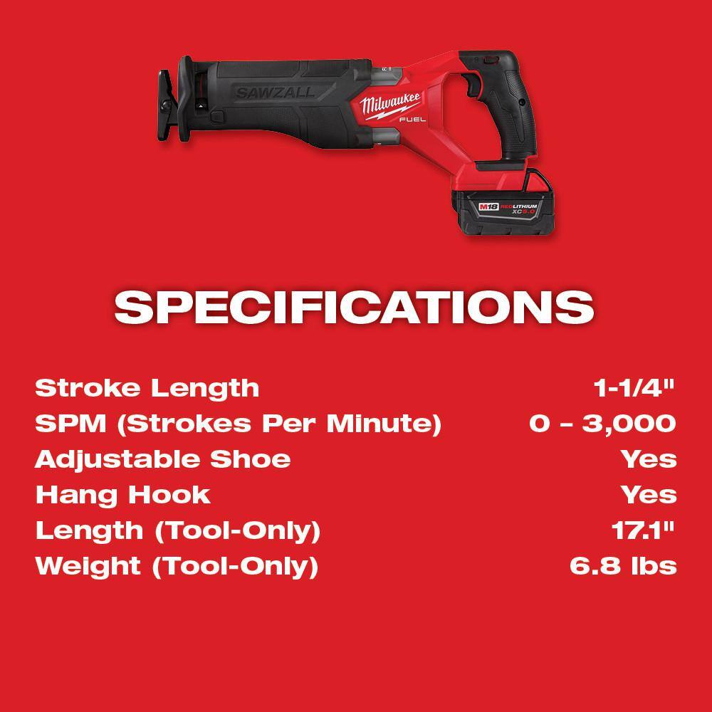 MW M18 FUEL 18V Lithium-Ion Brushless Cordless SAWZALL Reciprocating Saw Kit w LED Search Light  Two 6.0Ah Batteries 2821-21-2354-20-48-11-1862