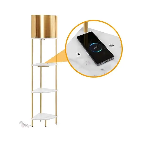 ROSEN GARDEN Corner Shelf Floor Lamp with USB Ports and Wireless Charging Station