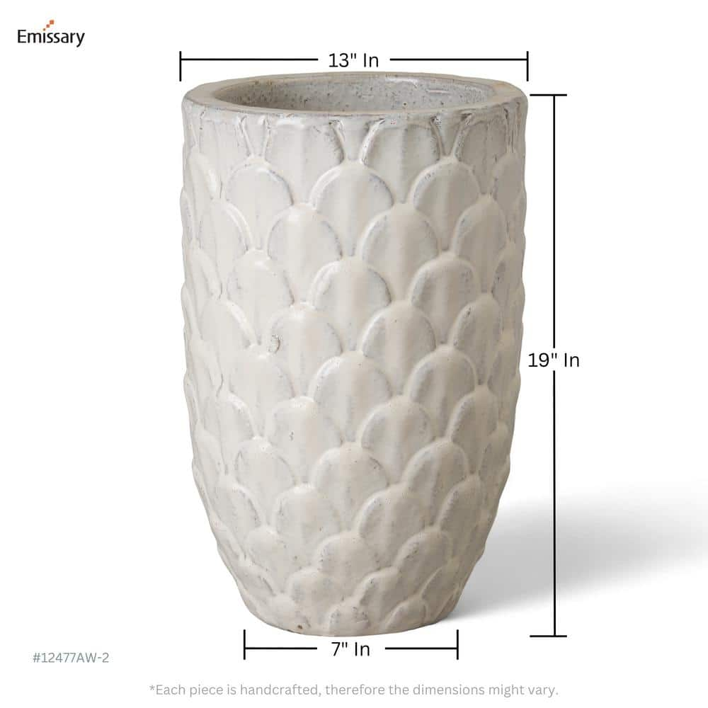 Emissary Pinecone 12.5 in. Dia Antique White Round Ceramic Planter 12477AW-2