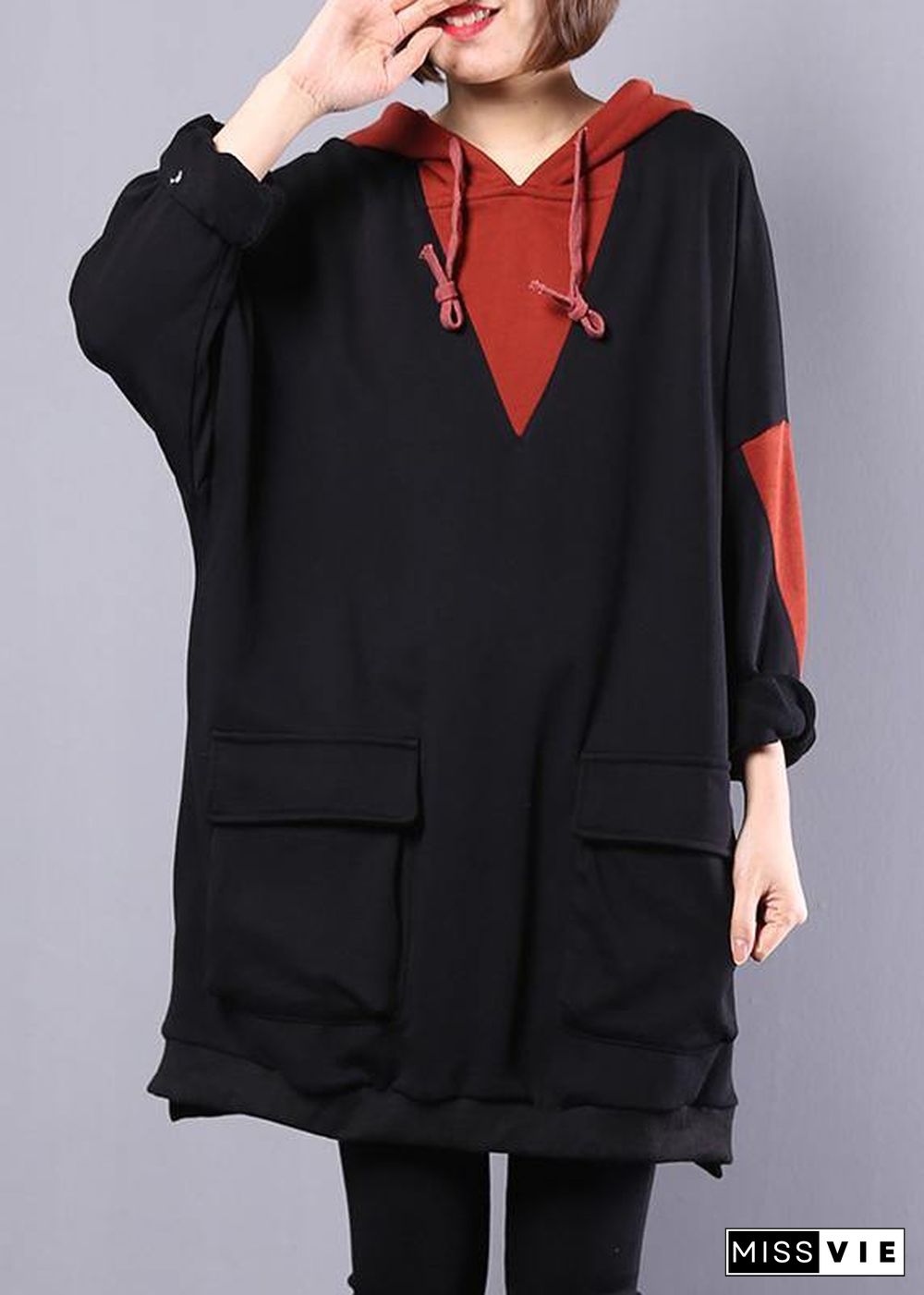 Art hooded cotton clothes For Women Work black patchwork blouse autumn