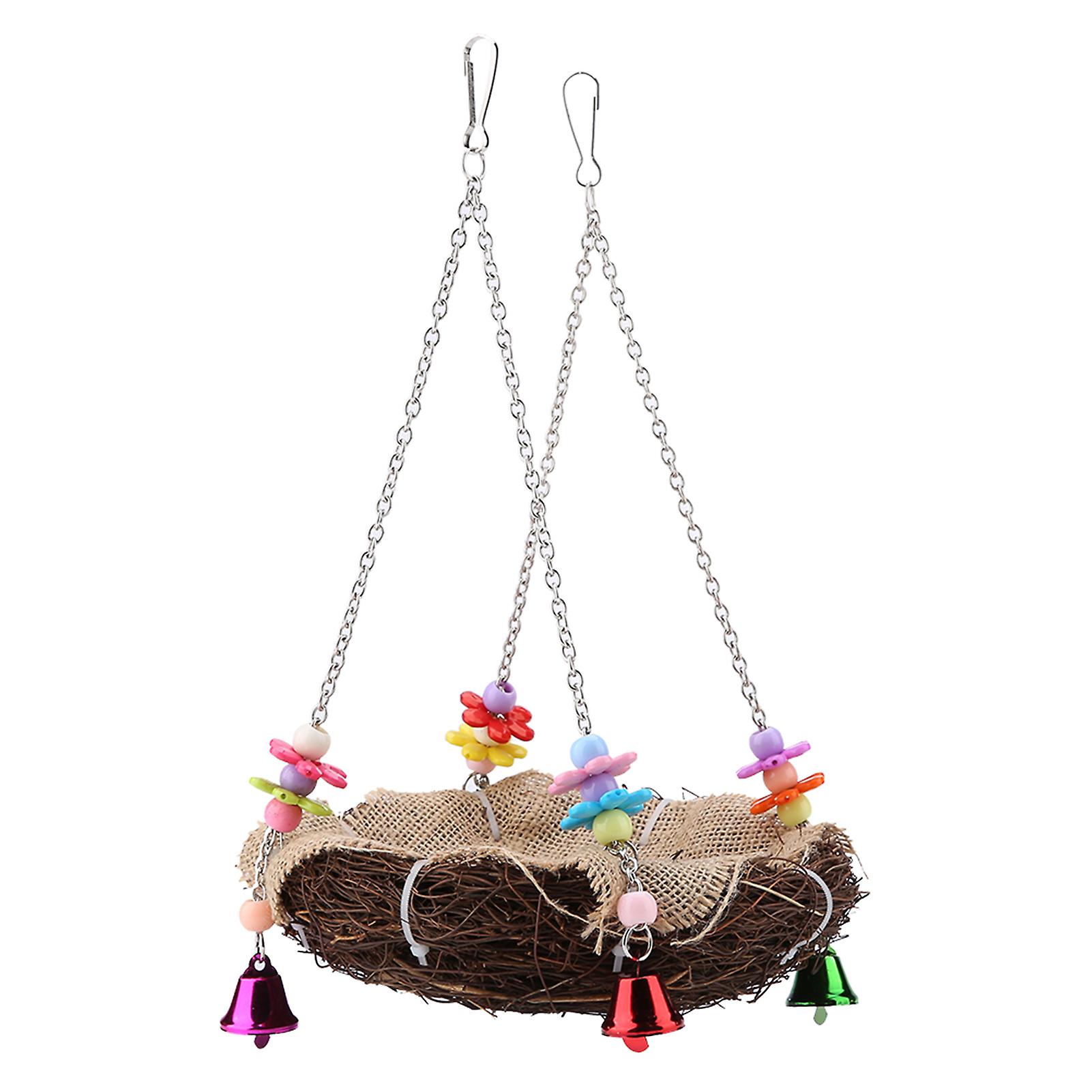 Rattan Nest Bird Hanging Nest Toy With Bells Bird Swing Standing Perch Toy Cage Hammock(l)