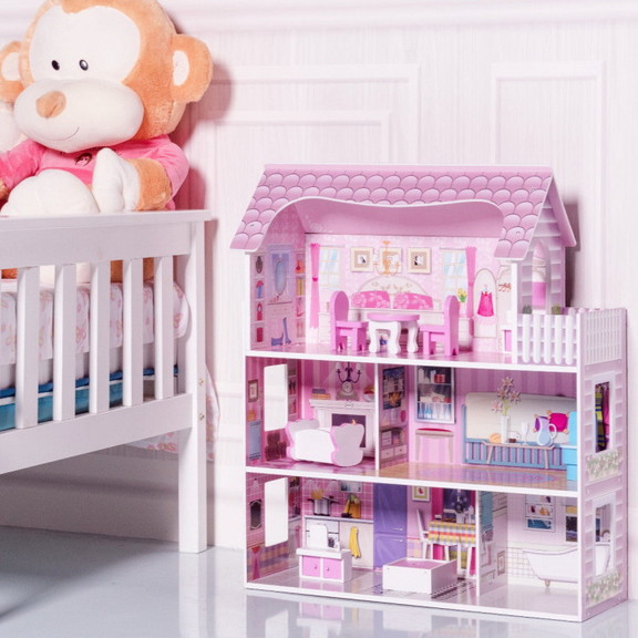 Costway 38925701 28 Inch Pink Dollhouse with Furni...