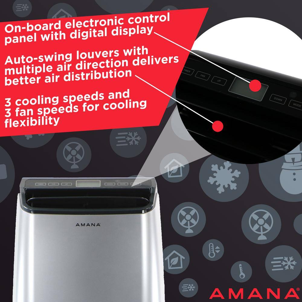 Amana 12000 BTU (7500 BTU DOE) Portable AC with Remote 450 sq. ft. Timer 3-Speed LCD Display Auto-Restart Wheels Silver Gray AMAP121AW-2