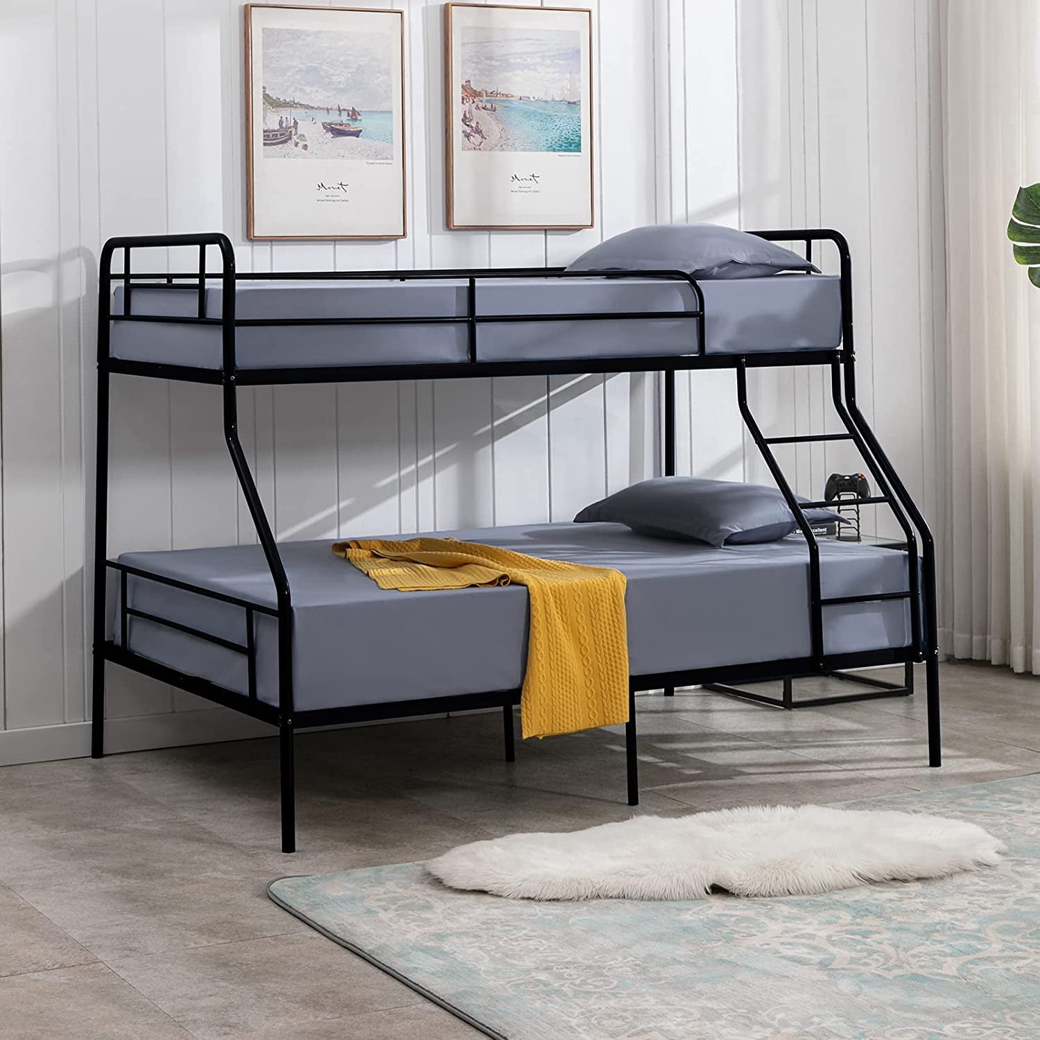 cuoote Heavy Duty Bunk Bed, Metal Twin Bunk Beds for Kids w/Ladder and Guardrail, Space-Saving Design, No Box Spring Needed, Black