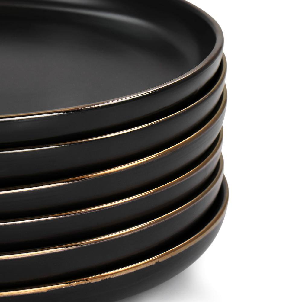 Elama Paul 6 Piece Stoneware Dinner Plate Set in Matte Black with Gold Rim 985116267M