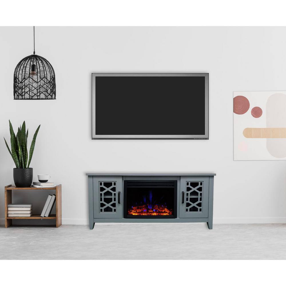 Hanover Arcadia Mid-Century 55.9 in.W Freestanding Electric Fireplace TV Stand in Slate Blue with Multi-Color Deep Log Insert FS5414-1BSBL3