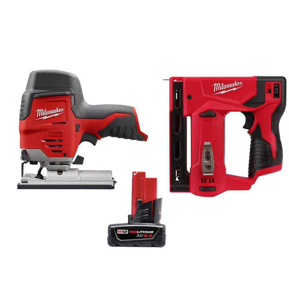 MW M12 12V Lithium-Ion Cordless Jig Saw with M12 38 in. Crown Stapler and 6.0 Ah XC Battery Pack 2445-20-2447-20-48-11-2460