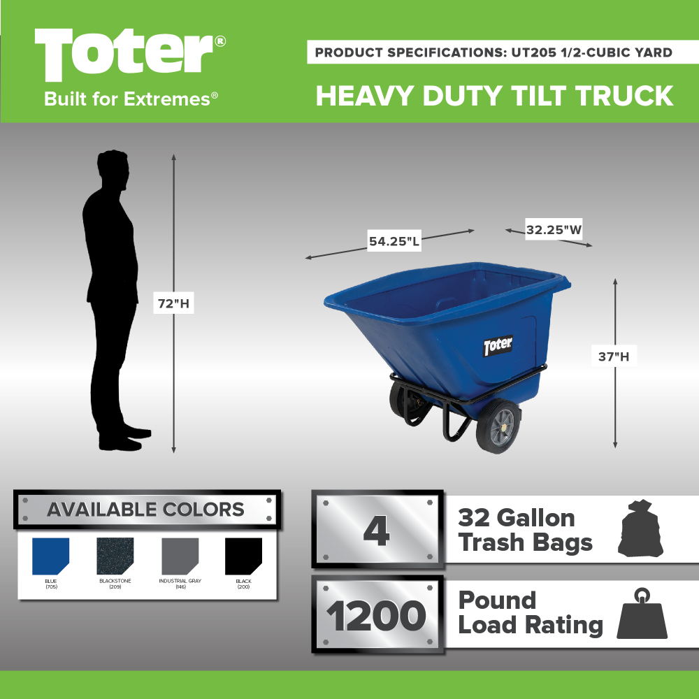 Toter 1/2 Cubic Yard 1200 lbs Capacity Heavy Duty Tilt Truck Gray ;