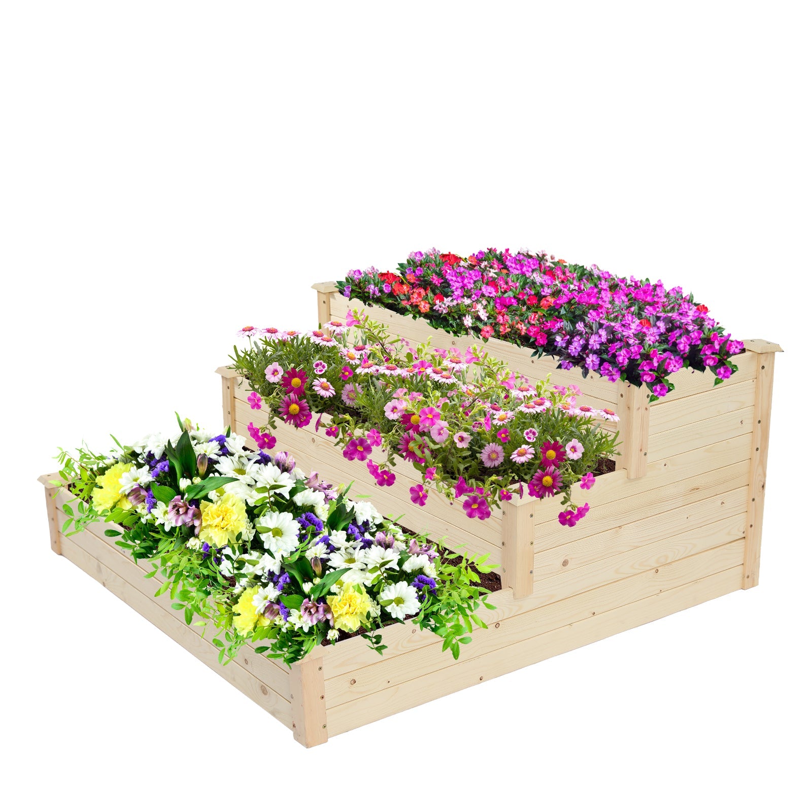 Herbs Raised Garden Bed, Outdoor 3-Tier 4 x 4 FT Tiered Design Wood Planter Bed Flower Box Kit, Elevated Flower Planter Box Kit for Vegetables Fruits Herb Grow Yard Gardening, Natural, SS2442