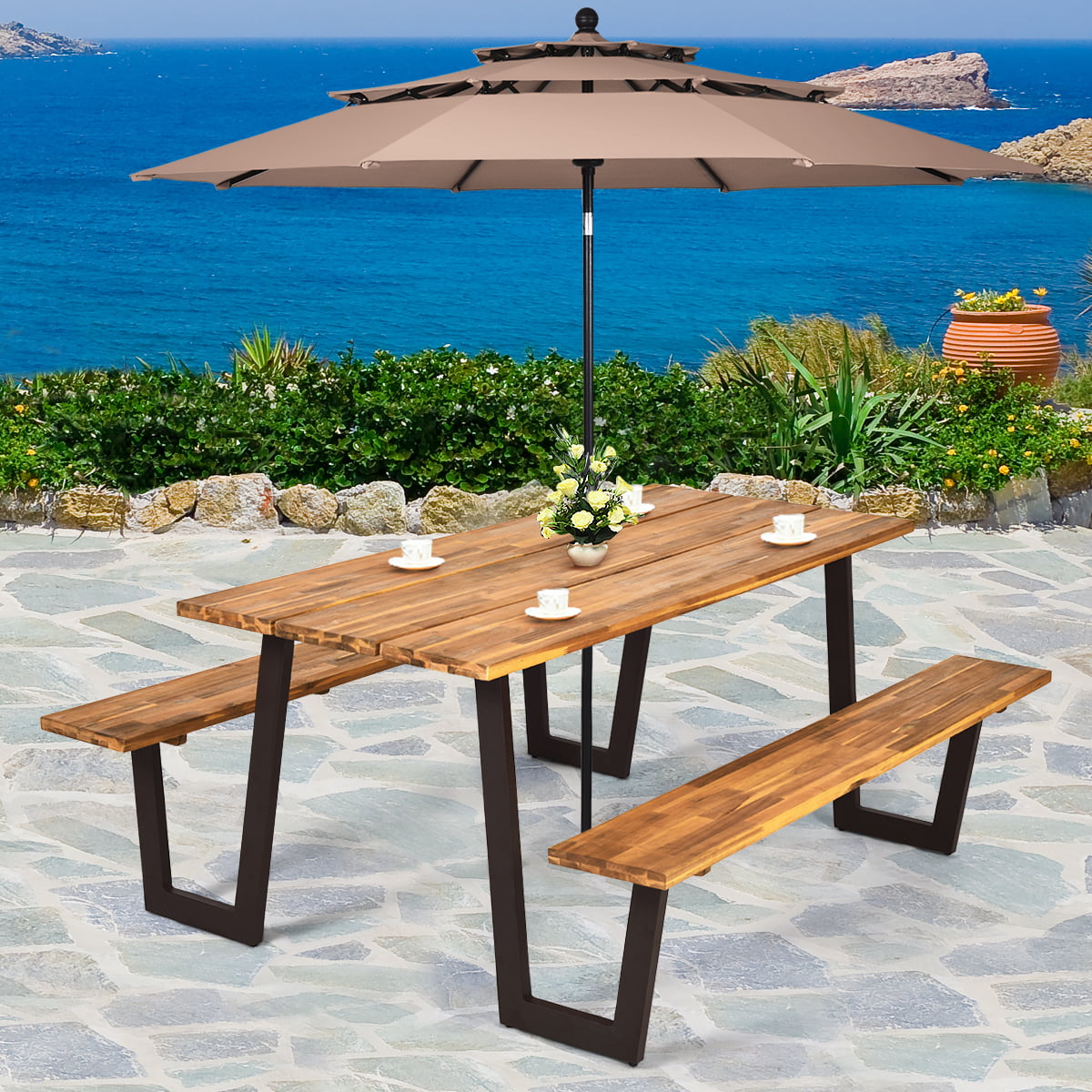 Costway Picnic Table with 2 Benches 70'' Dining Table Set with Seats and Umbrella Hole