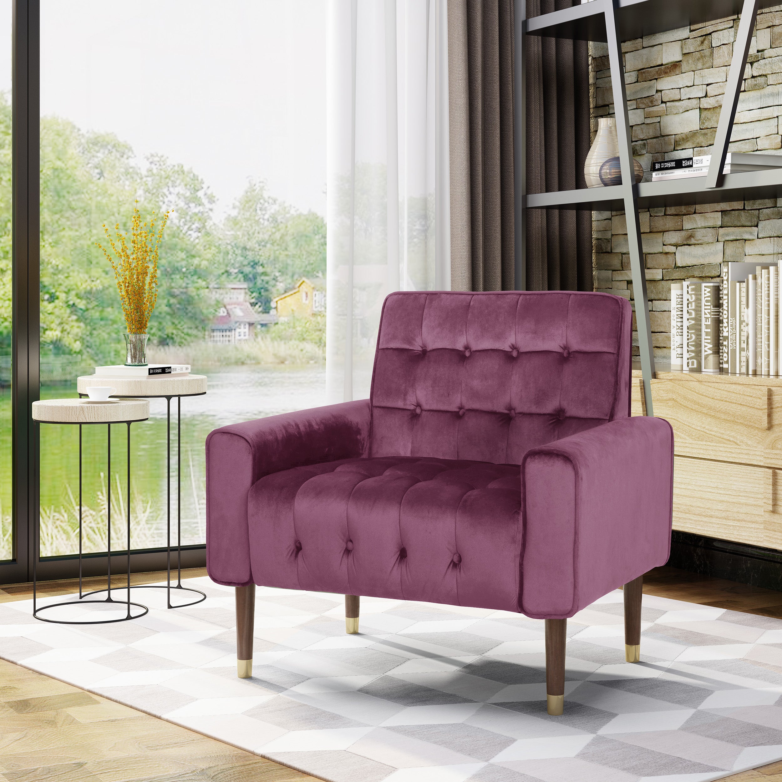 Betsy Velvet Armchair, Modern Glam, Button-Tufted, Waffle Stitching