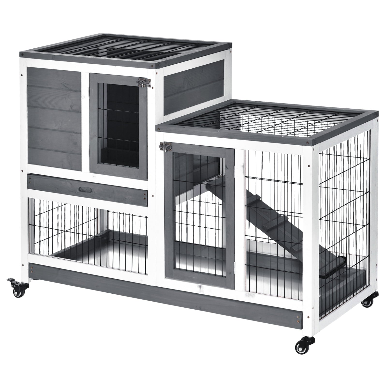 PawHut Wooden Indoor Rabbit Hutch Elevated Bunny Cage with Enclosed Run W/Wheel