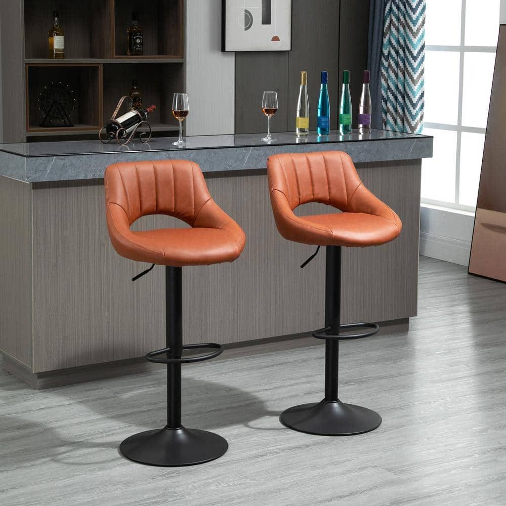 HOMCOM 41.75 in. Brown Small Back Metal Bar Height Swivel Bar Stool with PU Leather Seat (Set of 2) 835-325BN