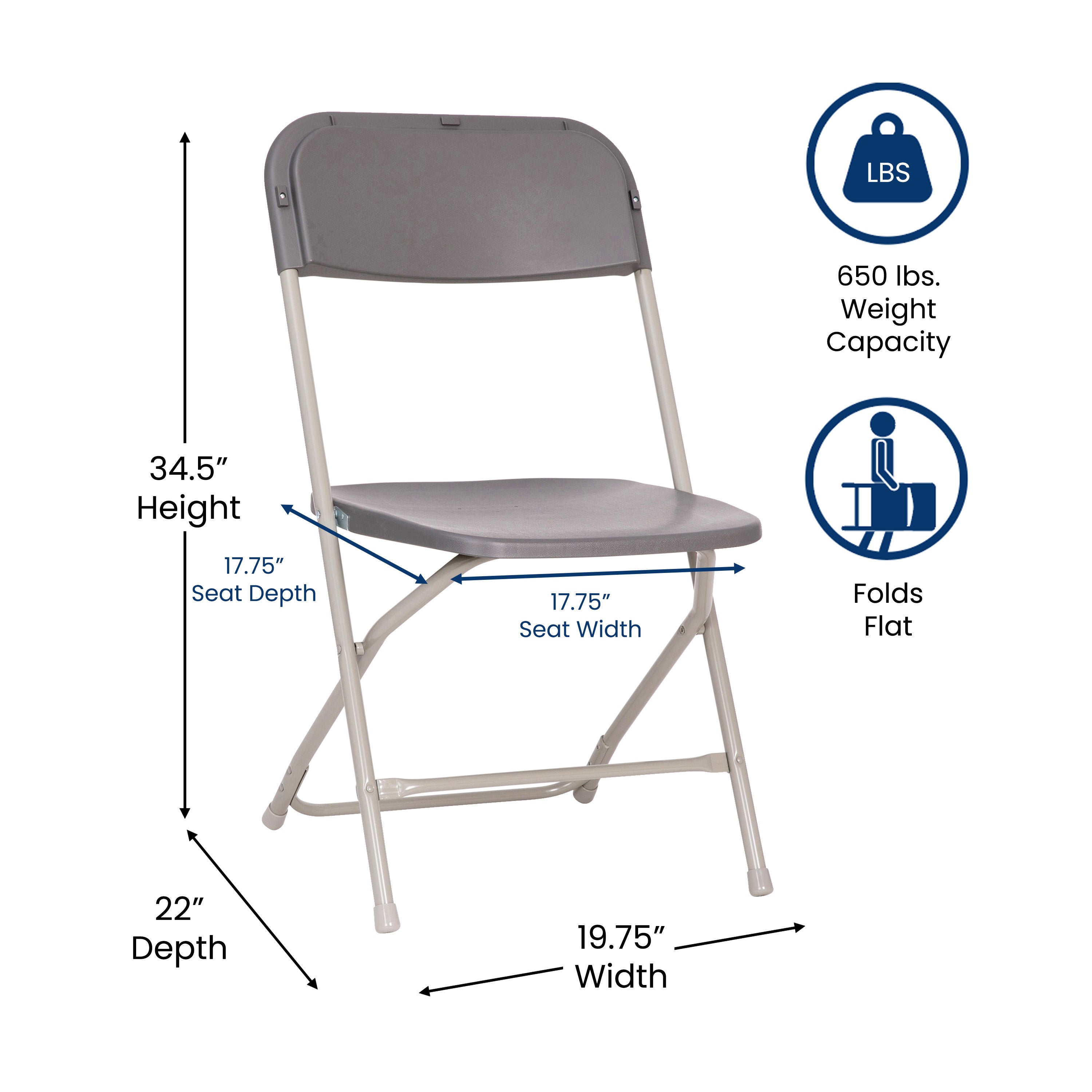 BizChair Big and Tall Commercial Folding Chair - Extra Wide 650LB. Capacity - Durable Plastic - Gray, 4-Pack