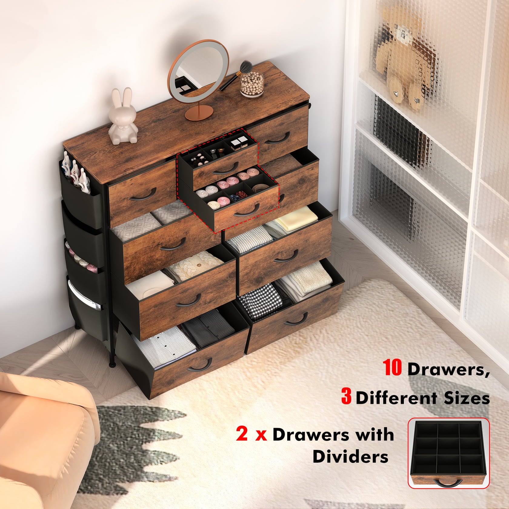 Lulive 10 Drawer Dresser, Chest of Drawers for Bedroom with Side Pockets and Hooks Fabric Storage Dresser Sturdy Steel Frame Wood Top Organizer Unit for Hallway Closet (Brown)