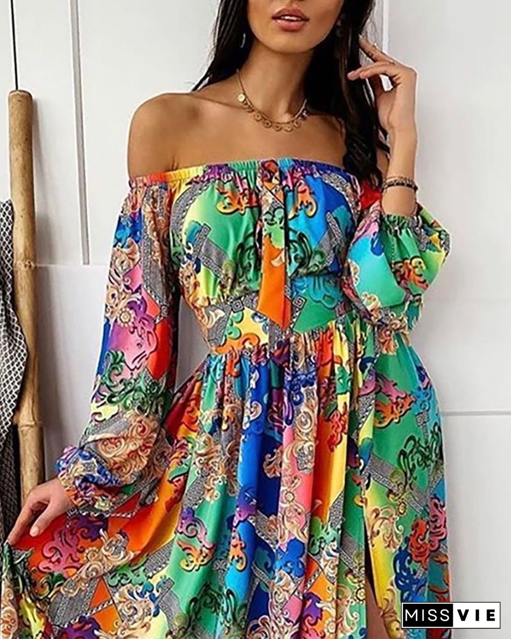 V-neck Pullover Vintage Large Swing Split Print Dress