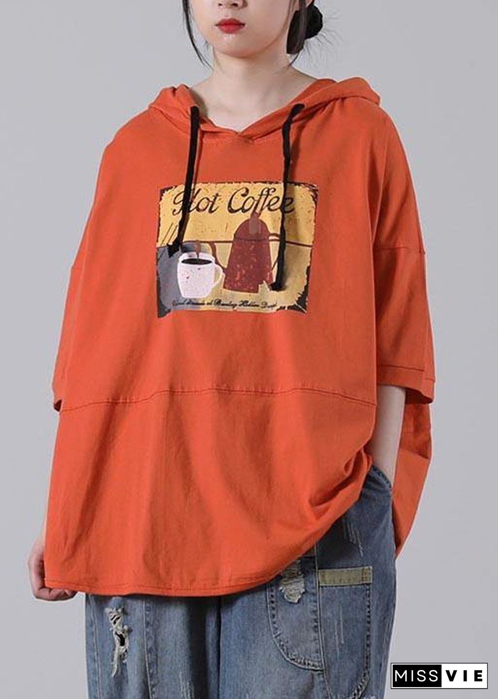 Plus Size Orange Print Cotton Sweatshirts Top