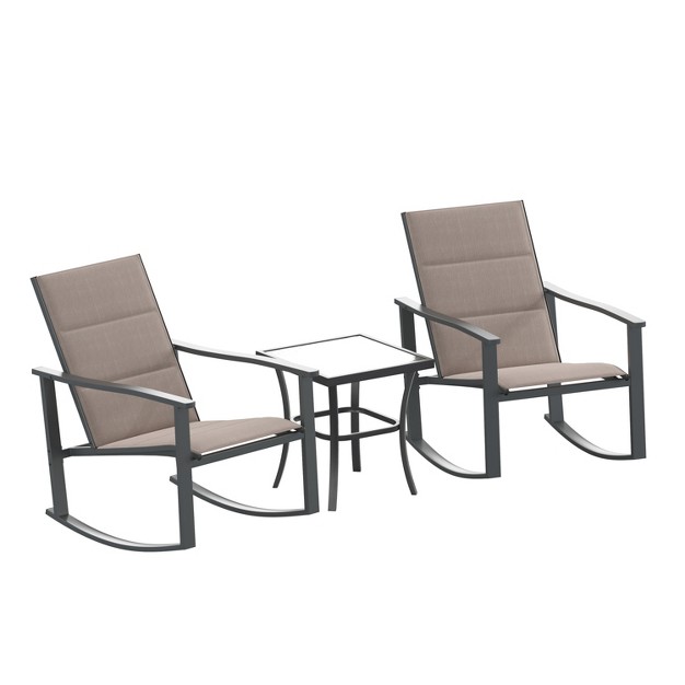 Flash Furniture Brazos 3 Piece Outdoor Rocking Chair Bistro Set With Flex Comfort Material And Metal Framed Glass Top Table