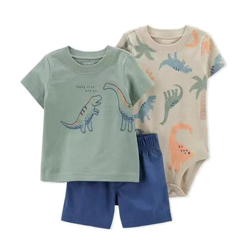 Summer Newborn Baby Boy Set 6-24M Cute Cartoon Dinosaur Cotton Clothing Short Sleeve+Shorts+jumpsuit Infant Clothes 3Pcs Outfits