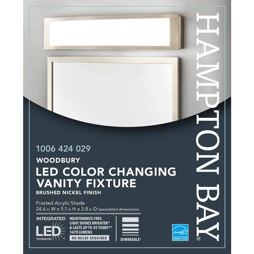 Hampton Bay Woodbury 24.6 in. 1-Light Brushed Nickel Integrated LED Bathroom Vanity Light Bar with Frosted Acrylic Shade IQP1301LX-07BN