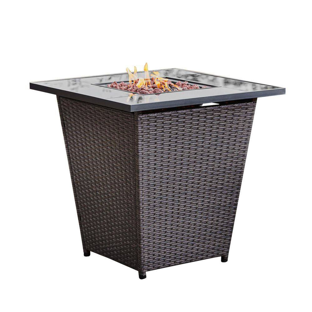 Teamson Home 30 in. Rattan Base Tempered Glass Top Propane Firepit with Lava Rock Metal Lid and Regulator HF30200AA