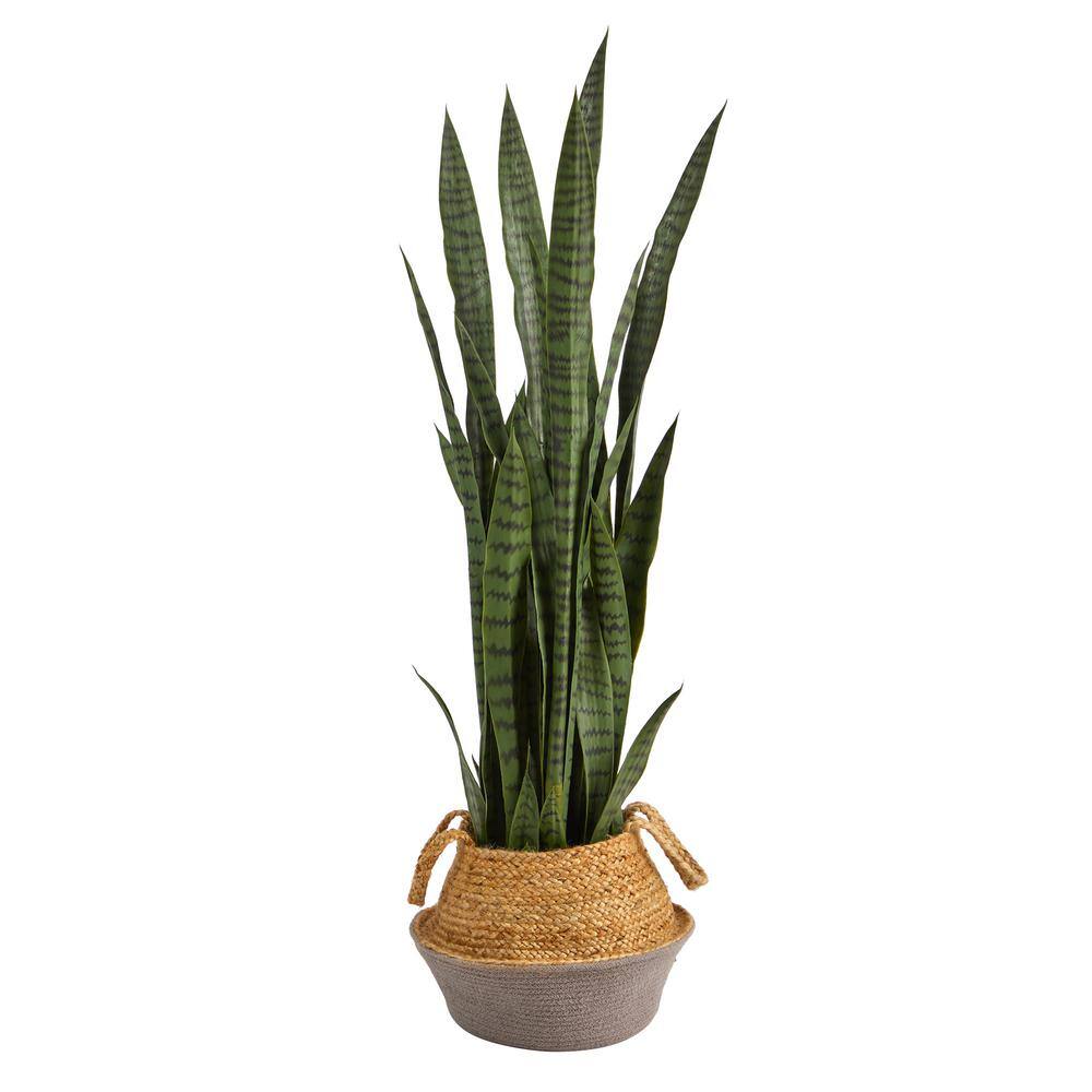 Nearly Natural 46 in. Green Sansevieria Artificial Plant in Boho Chic Handmade Cotton and Jute Gray Woven Planter P1762