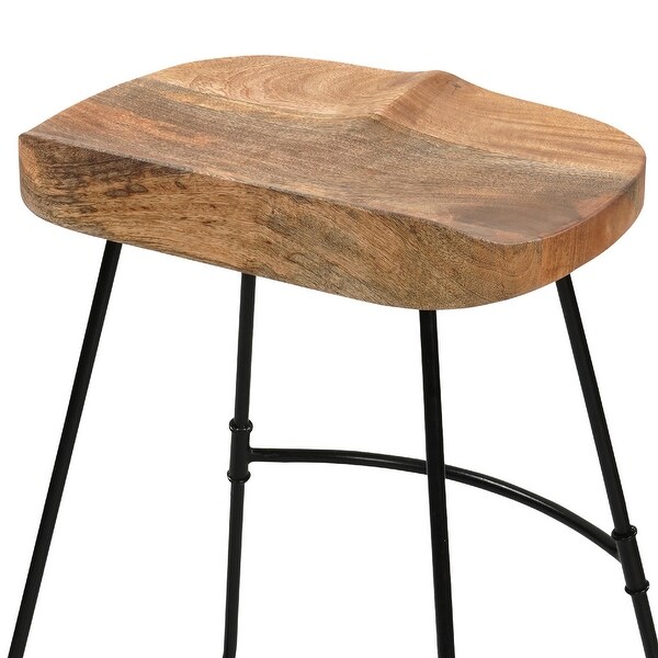 Tiva 24 Inch Handcrafted Backless Counter Height Stool， Brown Mango Wood Saddle Seat， Black Metal Base