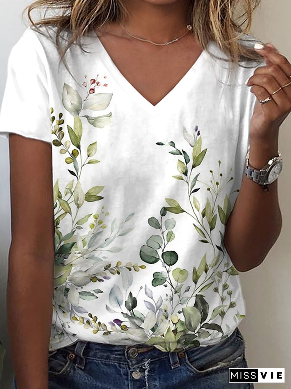 Leaves V neck Casual Short Sleeve T-Shirt