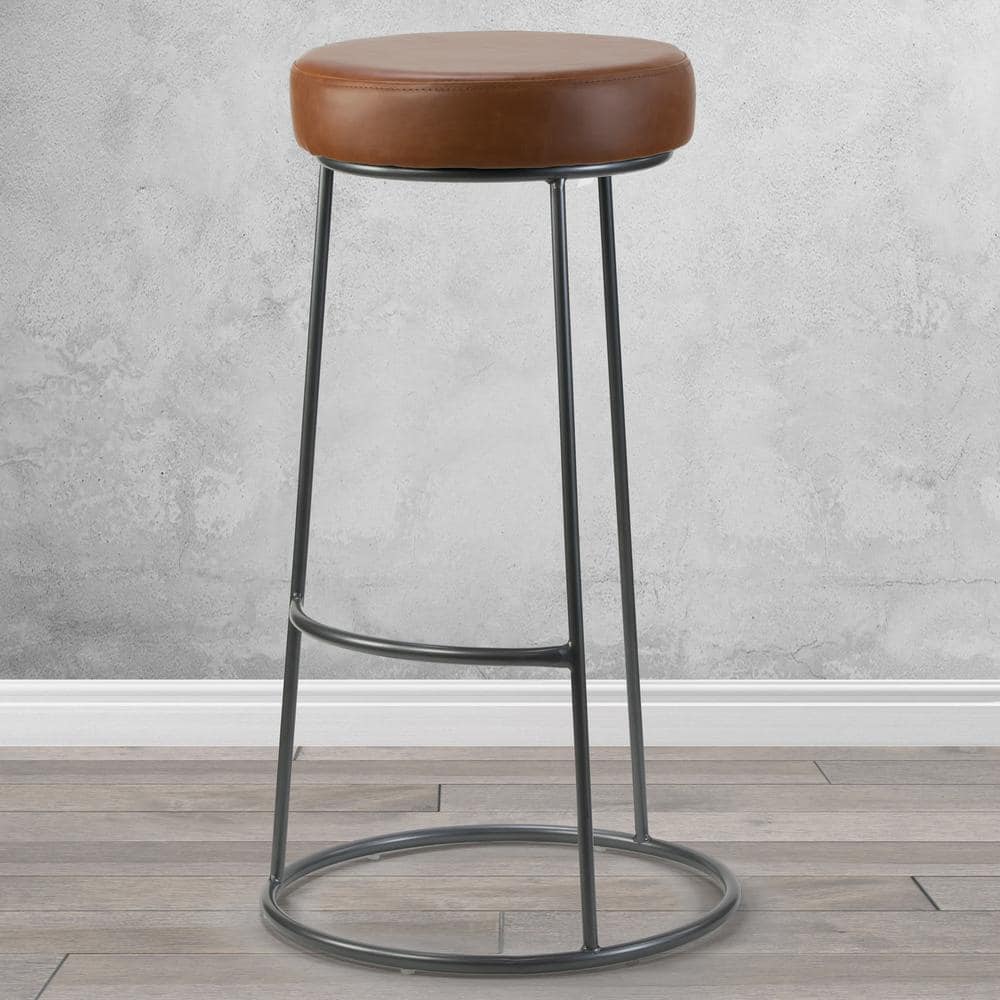 Glamour Home Set of 2 Amie Brown Backless Bar Stool with Gunmetal Grey Frame GHSTL-1307