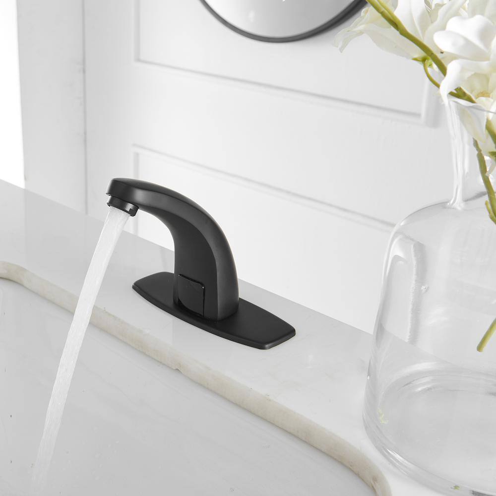 BWE DC Powered Commercial Touchless Single Hole Bathroom Faucet With Deck Plate  Pop Up Drain In Matte Black A-918102-B-2