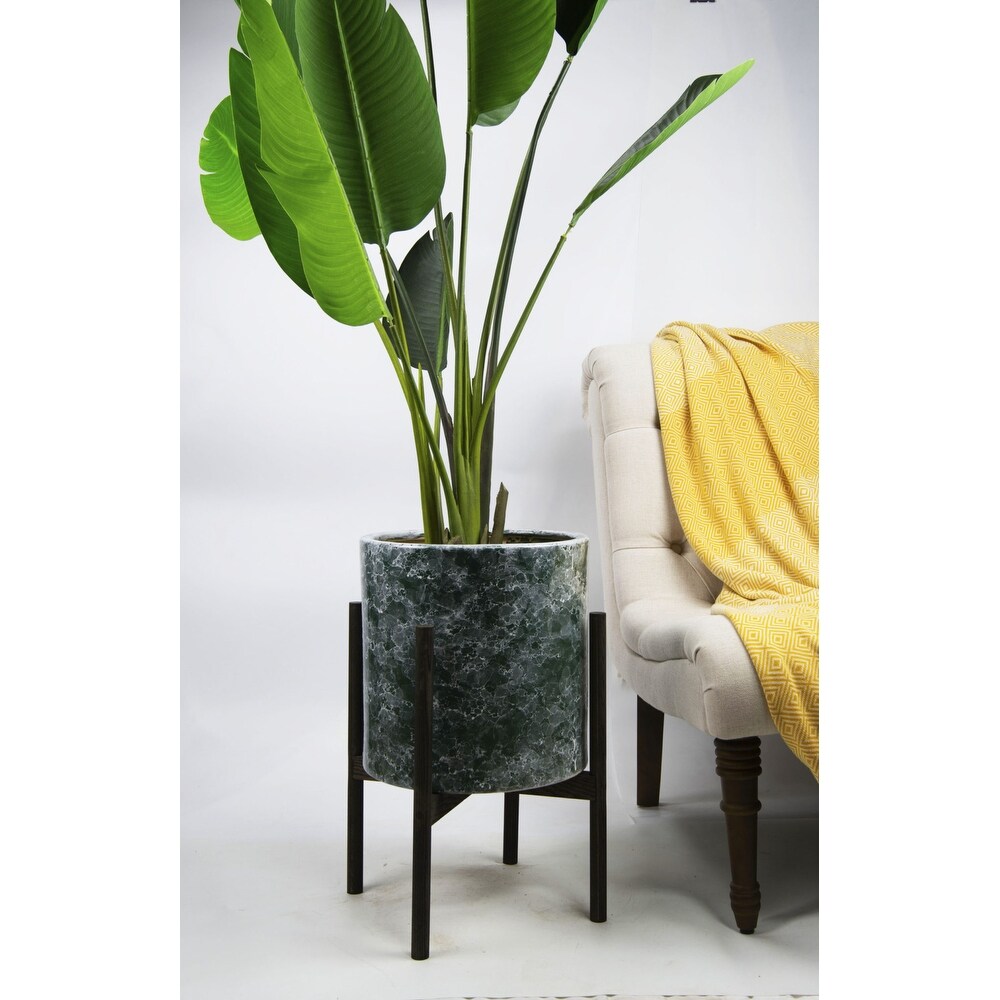 UPshining 13'' Extra Large Mid Century Modern Ceramic Planter Green Marble With Wood Stands