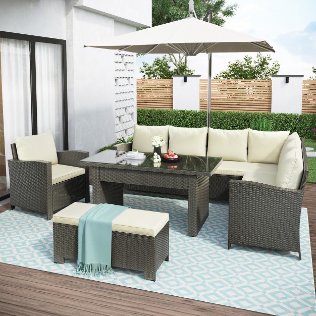 6 Pcs Patio Outdoor Rattan Sectional Sofa Set Conversation Seating Group With Cushions modernluxe