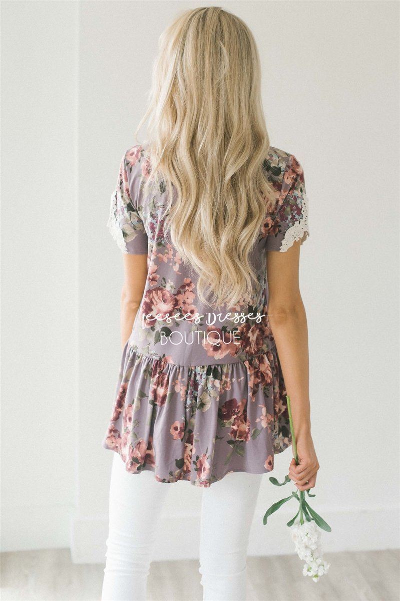 Dusty Lilac Floral Peplum Lace Sleeve Top