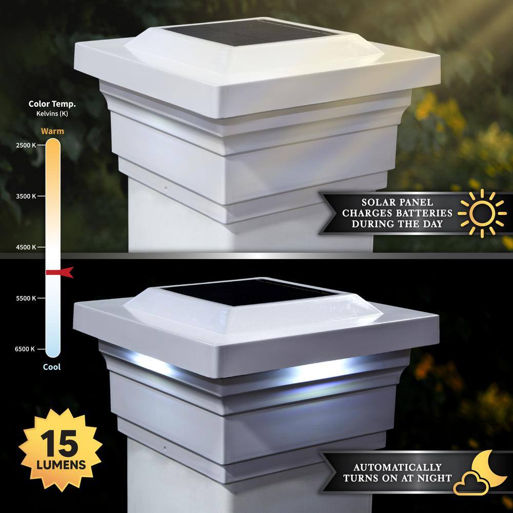 CLASSY CAPS Regal 4 in. x 4 in. Outdoor White Vinyl LED Solar Post Cap (2-Pack) SLO78W